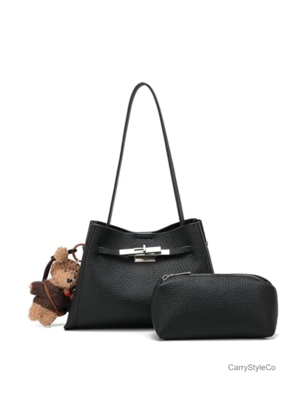 Pebbled PU Leather Tote Bag Set with Pouch & Straps Top Handle Purse